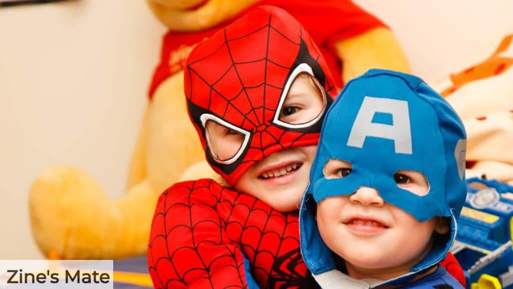 kids in spiderman and Captain America costumes